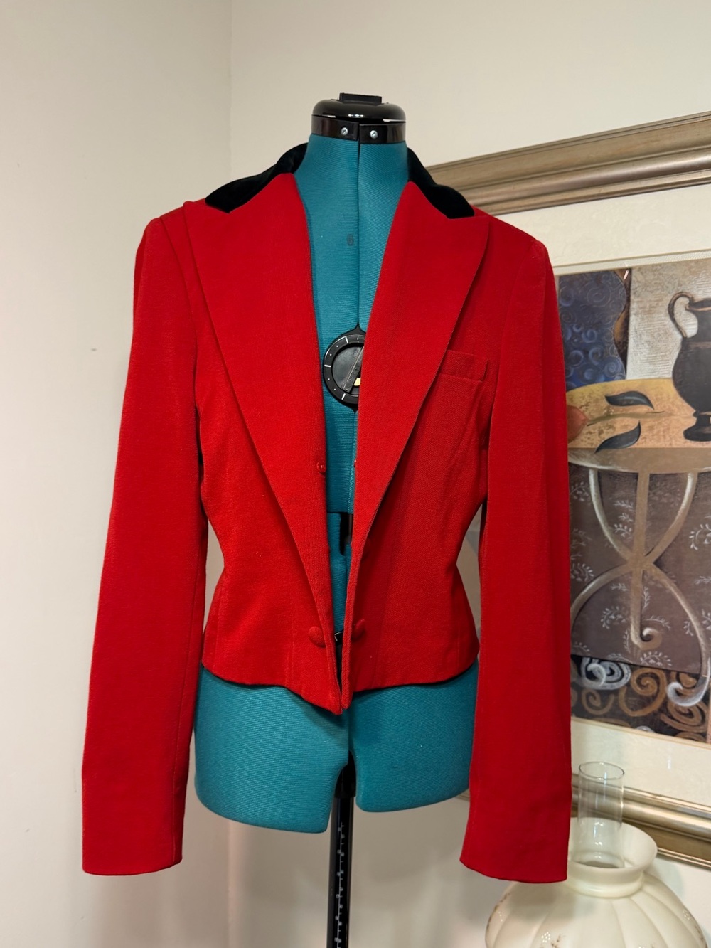 Vintage Lauren Ralph Lauren Red Black Velvet Collar Open Front Blazer Size 10